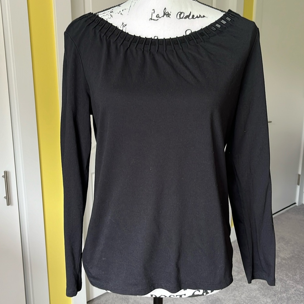 Talbots Boat Neck Long Sleeve Shirt, Black with Beaded Neckline